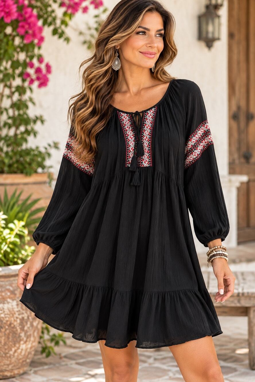 One Navy Black  Embroidered Trapeze Dress Size Large